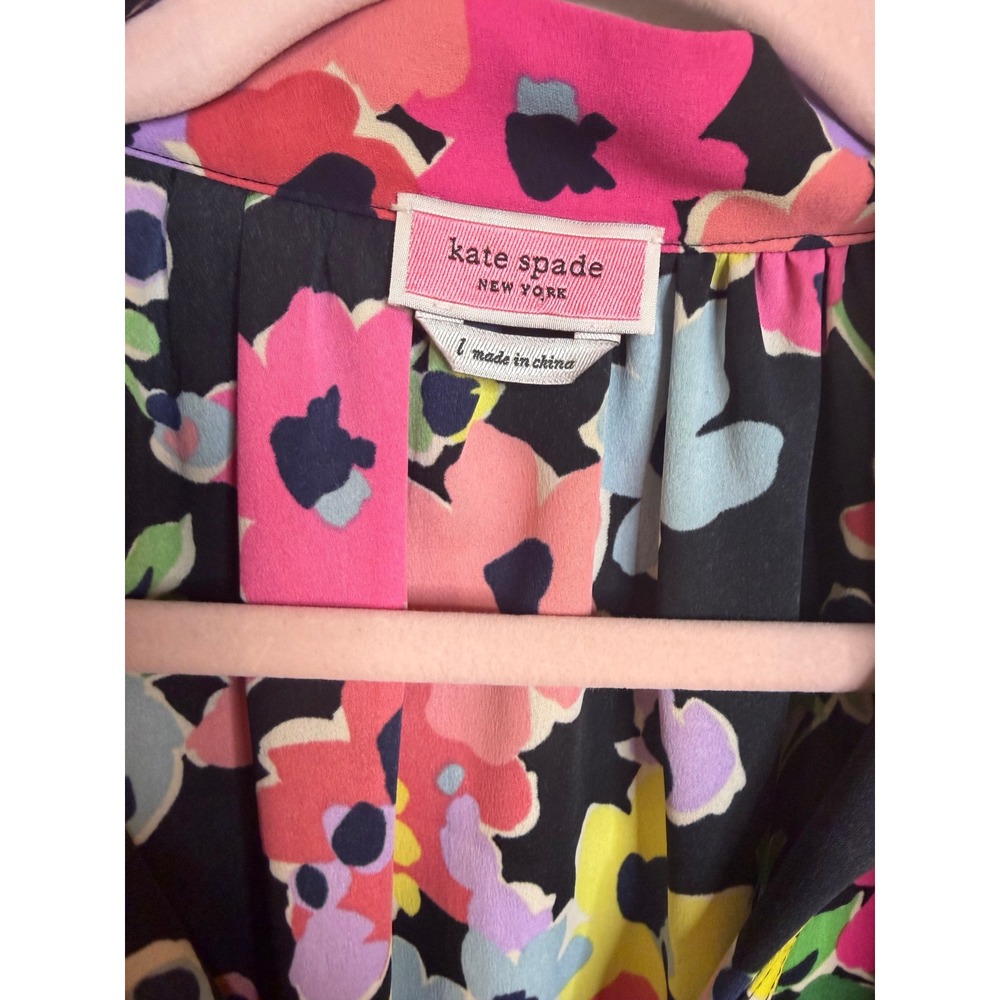 Kate Spade New York Floral Ruffle Tie Neck Blouse Black Multi Color Large Preppy - Picture 4 of 6